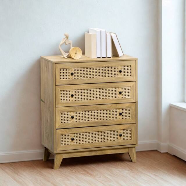 FURNOS Wide Rattan Effect 4 Drawers Bedroom Storage Chest Unit in Brown - image 1