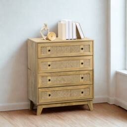 FURNOS Wide Rattan Effect 4 Drawers Bedroom Storage Chest Unit in Brown