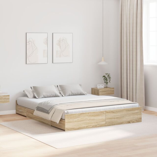 Berkfield Home Storage Bed Frame with Drawer Sonoma oak 140 x 190 cm Melamine in Brown - image 1