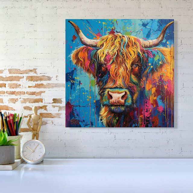 Warren Reed - Designer Splashart Highland Cow Canvas - Size: w10 inch x h10 inch - image 1