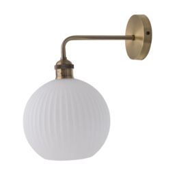 First Choice Lighting Isaac - Antique Brass Wall Light with White Ribbed Glass Shade in Gold