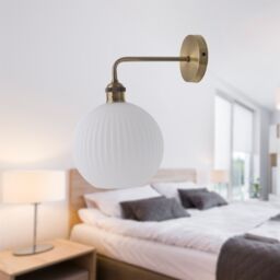 First Choice Lighting Isaac - Antique Brass Wall Light with White Ribbed Glass Shade in Gold - thumbnail 3
