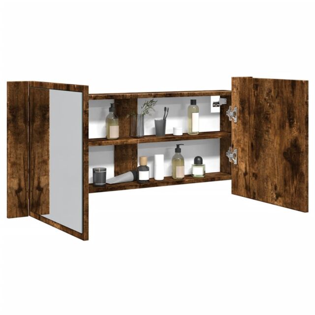 Berkfield Home LED Bathroom Mirror Cabinet Smoked Oak 100x12x45 cm in Brown - Size: 100 x 12 x 45 cm - image 1