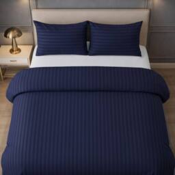 Grace Premium 2 Pack Embossed Stripes Double Duvet Cover Sets in Navy - Size: Super King - thumbnail 2