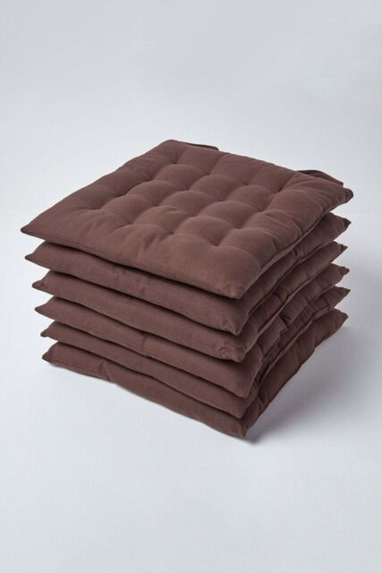 Homescapes 6 Pack Seat Pads Luxury 100% Cotton Indoor Outdoor Garden Cushion, 40cm in Brown - Size: 40 cm x 40 cm - image 1