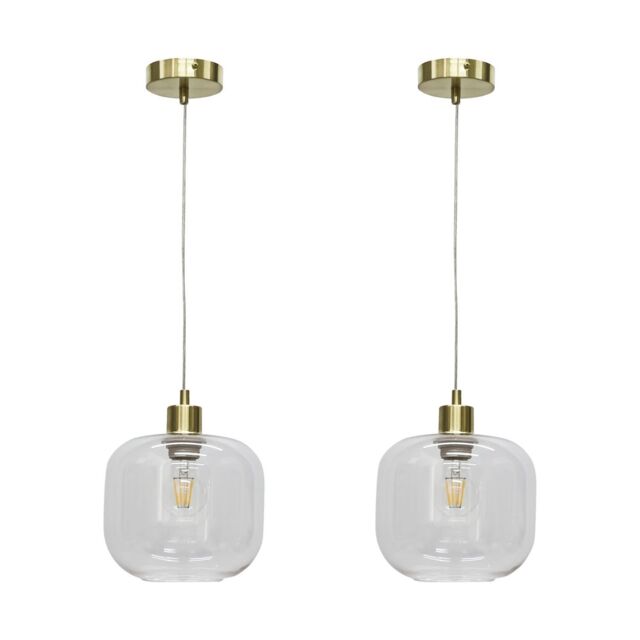 First Choice Lighting Set of 2 Bletch - Clear Glass with Satin Brass Pendant Fittings - image 1