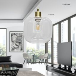 First Choice Lighting Set of 2 Bletch - Clear Glass with Satin Brass Pendant Fittings - thumbnail 4