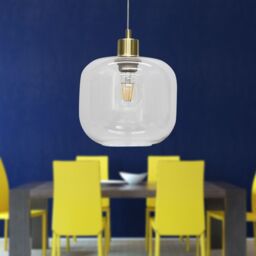 First Choice Lighting Set of 2 Bletch - Clear Glass with Satin Brass Pendant Fittings - thumbnail 5