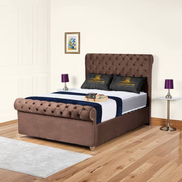 "UK Bed Furniture Chesterfield Sleigh Upholstered Bed with 48"" Headboard - Slatted Base in Brown - Size: King" - image 1