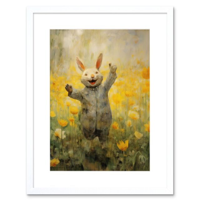 "Artery8 Wall Art Print Tulips & Rabbit Watercolour Fun Kids Baby Nursery Artwork Framed 9X7 Inch in White - Size: W7"" x H9""" - image 1