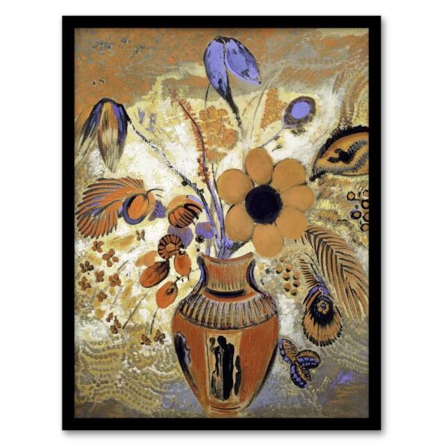 Artery8 Odilon Redon Framed Wall Art Print Etruscan Vase with Flowers in Brown - Size: A4 - image 1
