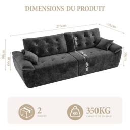 Dprodo 275CM Chenille 4 Seater Sofa, Deep Cushioned Modular Sectional Couches in Grey - Size: 2 Pack - thumbnail 2