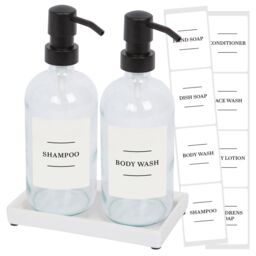 Harbour Housewares 2pc Glass Soap Dispenser Set with Ceramic Tray & Labels - 500ml - White in Clear - thumbnail 1
