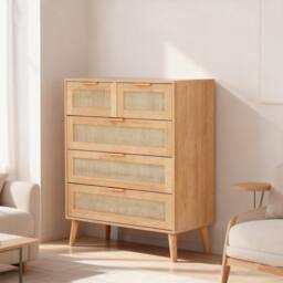 FURNITURE ONE Rattan Chest of 5 Drawers, 3+2 Drawers Storage Cabinet in Natural - Size: 1 Pack - thumbnail 1