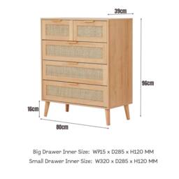 FURNITURE ONE Rattan Chest of 5 Drawers, 3+2 Drawers Storage Cabinet in Natural - Size: 1 Pack - thumbnail 7