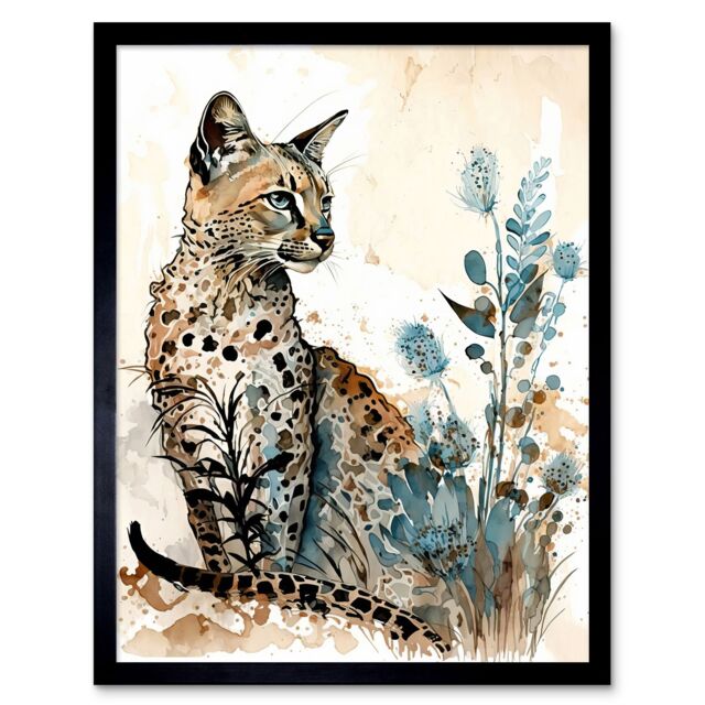 "Artery8 Wall Art Print Savannah Cat & Wildflowers Modern Watercolour & Ink Art Framed in Black - Size: W12"" x H16""" - image 1