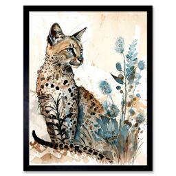 "Artery8 Wall Art Print Savannah Cat & Wildflowers Modern Watercolour & Ink Art Framed in Black - Size: W12"" x H16""" - thumbnail 1