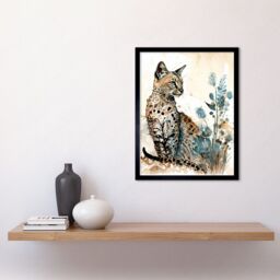 "Artery8 Wall Art Print Savannah Cat & Wildflowers Modern Watercolour & Ink Art Framed in Black - Size: W12"" x H16""" - thumbnail 2