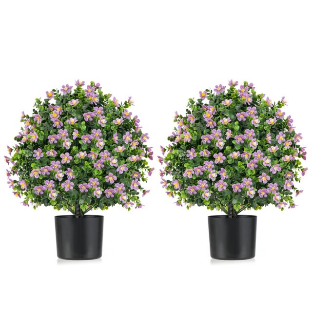 Gymax 2 Pack 54CM Artificial Boxwood Topiary Ball Tree With Flowers & Pot in Purple - image 1