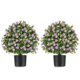 Gymax 2 Pack 54CM Artificial Boxwood Topiary Ball Tree With Flowers & Pot in Purple - thumbnail 1