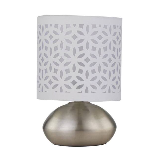 First Choice Lighting Jenson - Brushed Chrome Touch Table Lamp with White Laser Cut Shade in Silver - image 1
