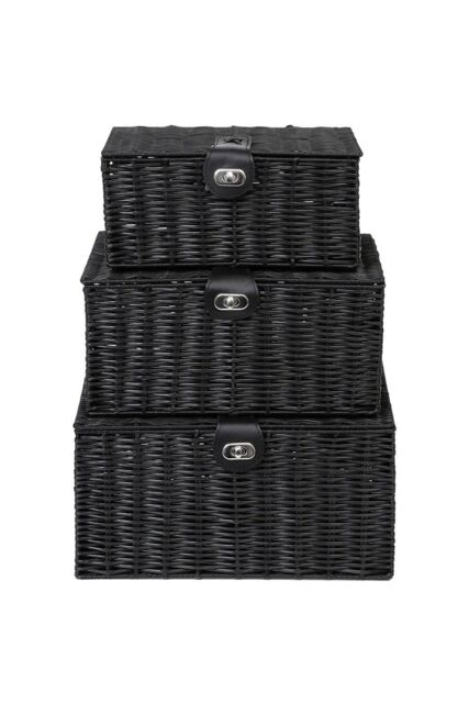 Arpan Set of 3 Resin Woven Storage Basket Box With Lid & Lock in Black - Size: Small - image 1