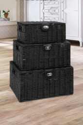 Arpan Set of 3 Resin Woven Storage Basket Box With Lid & Lock in Black - Size: Small - thumbnail 2