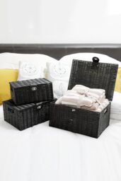 Arpan Set of 3 Resin Woven Storage Basket Box With Lid & Lock in Black - Size: Small - thumbnail 3