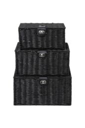 Arpan Set of 3 Resin Woven Storage Basket Box With Lid & Lock in Black - Size: Small - thumbnail 1