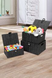 Arpan Set of 3 Resin Woven Storage Basket Box With Lid & Lock in Black - Size: Small - thumbnail 5