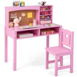 Gymax Kids Desk & Chair Set Study Table With Bookshelf & Solid Wood Legs in Pink