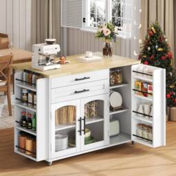 BTM Kitchen Island on Wheels Folding Worktop Storage Trolley Cabinet in White