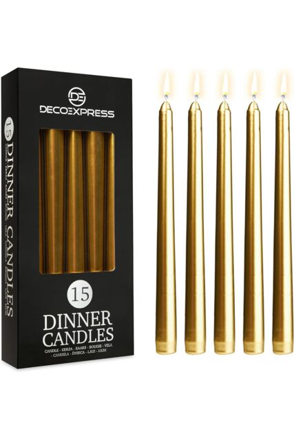 Deco Express Candles Set Classic Dripless Tapered Metallic Unscented 8 Hours Décor in Gold - Size: 15 Pack - image 1