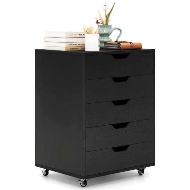 Costway 5 Drawer Rolling Storage Cabinet Mobile Chest of Drawers Wooden Dresser Organizer Coffee in Black - image 1