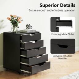 Costway 5 Drawer Rolling Storage Cabinet Mobile Chest of Drawers Wooden Dresser Organizer Coffee in Black - thumbnail 6