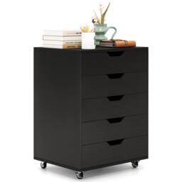 Costway 5 Drawer Rolling Storage Cabinet Mobile Chest of Drawers Wooden Dresser Organizer Coffee in Black - thumbnail 1