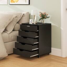 Costway 5 Drawer Rolling Storage Cabinet Mobile Chest of Drawers Wooden Dresser Organizer Coffee in Black - thumbnail 4