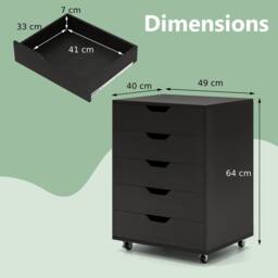 Costway 5 Drawer Rolling Storage Cabinet Mobile Chest of Drawers Wooden Dresser Organizer Coffee in Black - thumbnail 2