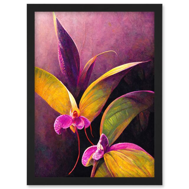 Artery8 Pink Orchid Vibrant Mauve Flowers Painting Artwork Framed Wall Art Print A4 in Black - image 1