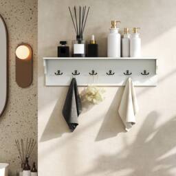 VOGREX Wooden Wall Coat Rack 80cm 6 Hooks in White - thumbnail 5