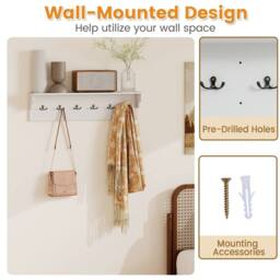 VOGREX Wooden Wall Coat Rack 80cm 6 Hooks in White - thumbnail 4
