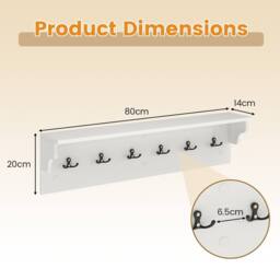 VOGREX Wooden Wall Coat Rack 80cm 6 Hooks in White - thumbnail 2