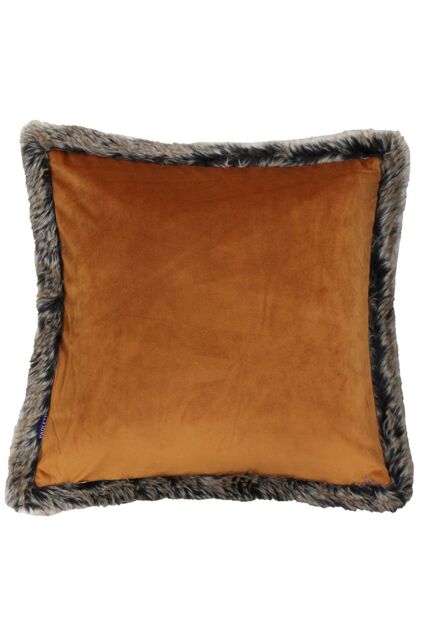 Paoletti Kiruna Faux Fur Trimmed Soft Velvet Cushion in Orange - Size: 45 cm x 45 cm