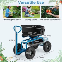 Gymax Rolling Garden Cart Scooter Heavy-Duty Gardening Cart With Swivel Seat in Blue - thumbnail 7