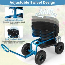 Gymax Rolling Garden Cart Scooter Heavy-Duty Gardening Cart With Swivel Seat in Blue - thumbnail 3