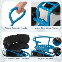 Gymax Rolling Garden Cart Scooter Heavy-Duty Gardening Cart With Swivel Seat in Blue - thumbnail 6