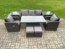 Fimous Outdoor Rattan Furniture Garden Dining Sets Adjustable Rising lifting Table Sofa Set With Chair 2 Small Footstools in Dark Grey - thumbnail 2