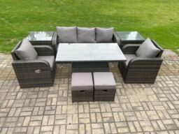 Fimous Outdoor Rattan Furniture Garden Dining Sets Adjustable Rising lifting Table Sofa Set With Chair 2 Small Footstools in Dark Grey - thumbnail 1