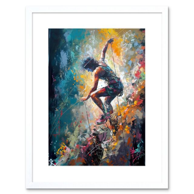 "Artery8 Wall Art Print Rock Climber Multicoloured Mountain Cliff Descent Artwork Framed 9X7 Inch in White - Size: W7"" x H9""" - image 1