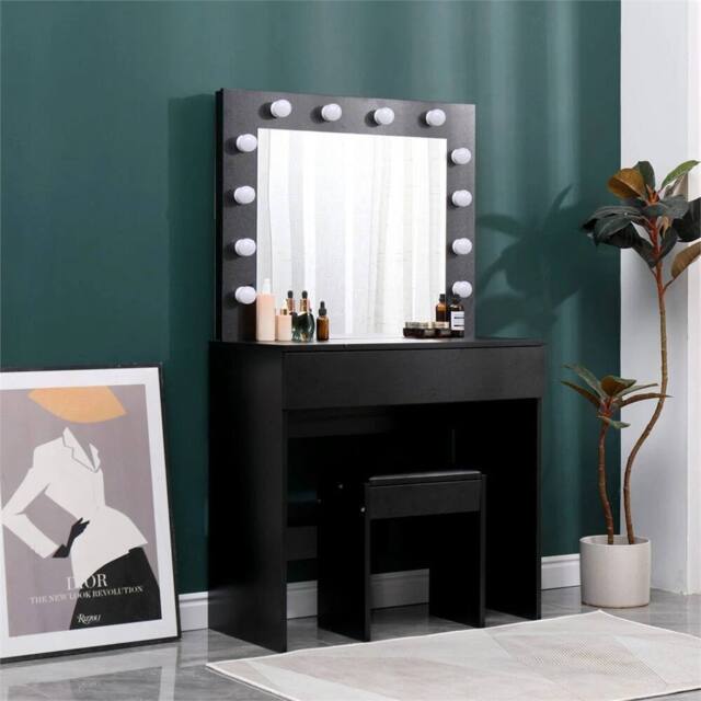 Havendro Dressing Table with LED Mirror Makeup Desk Vanity in Black - Size: 140 cm x 80 cm - image 1